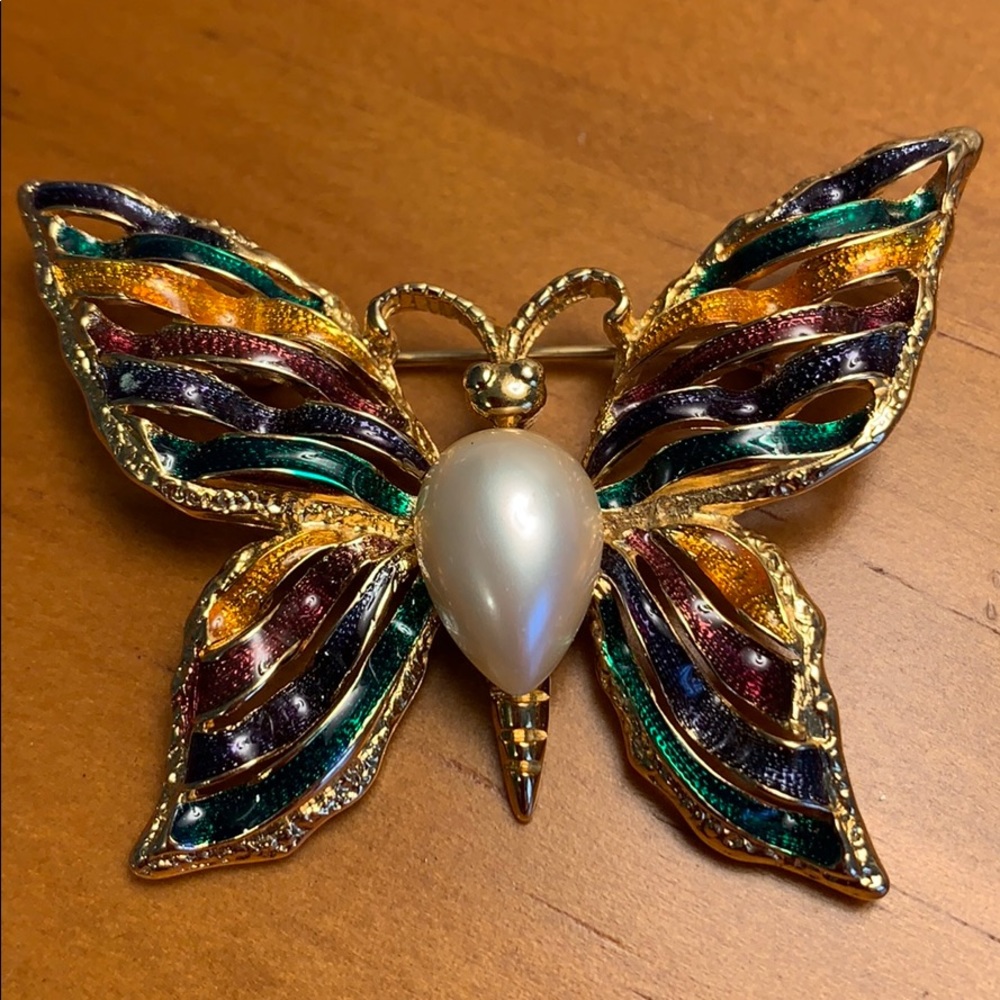 VTG FO Signed Butterfly Brooch Pin Colorful Ribboned Enamel Pearl Body Gold Tone